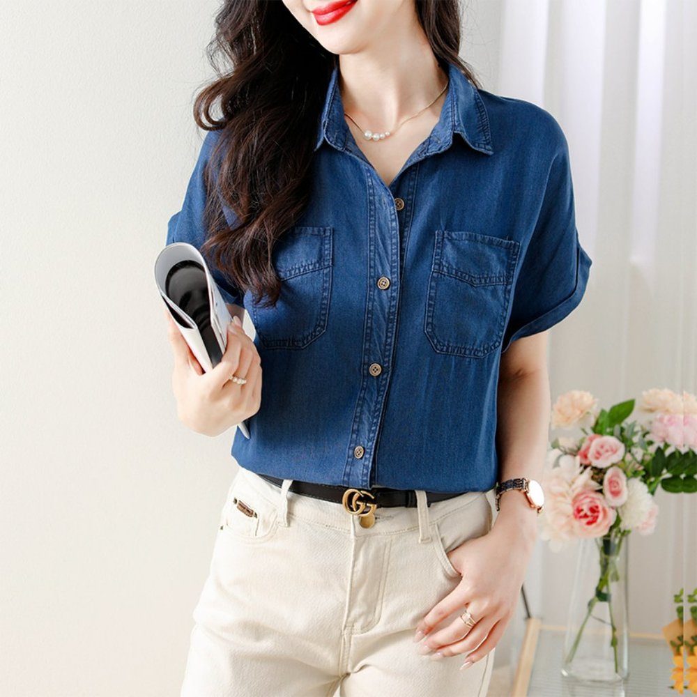 Women's Casual Button Down Denim Blouse Pockets Short Sleeve - Picture 3 of 4